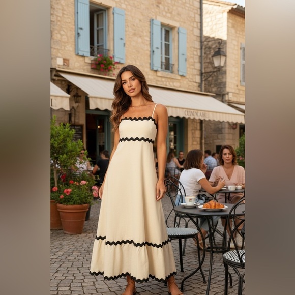 Petal & Pup Dresses & Skirts - Elegant Cream Maxi Dress with Black Accents